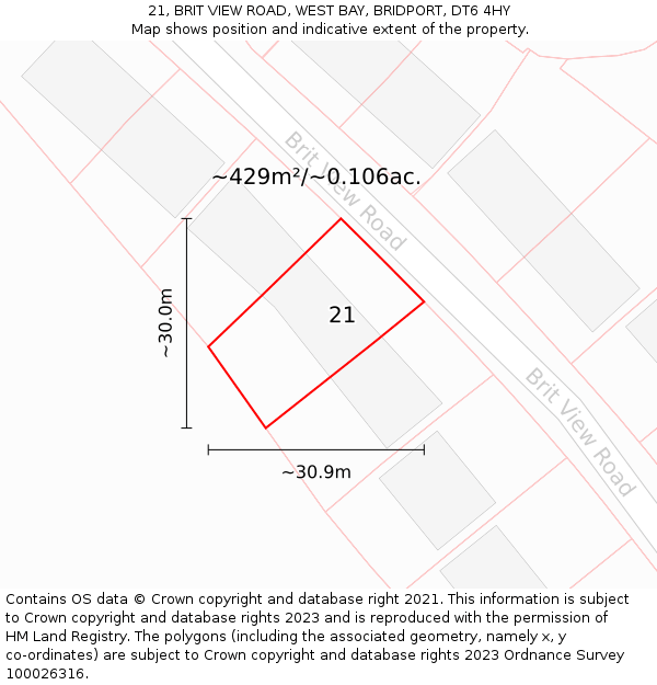 21, BRIT VIEW ROAD, WEST BAY, BRIDPORT, DT6 4HY: Plot and title map