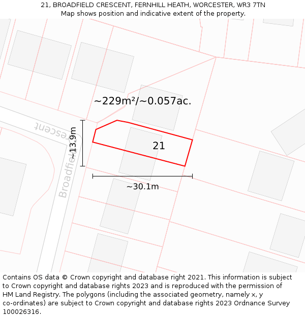 21, BROADFIELD CRESCENT, FERNHILL HEATH, WORCESTER, WR3 7TN: Plot and title map