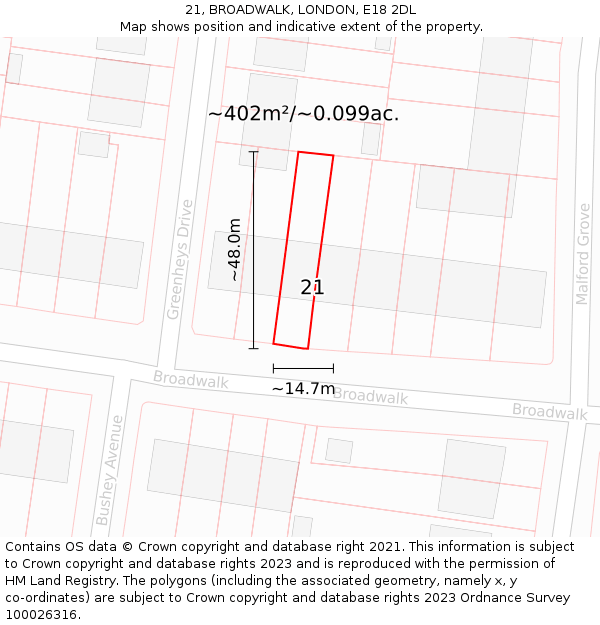 21, BROADWALK, LONDON, E18 2DL: Plot and title map