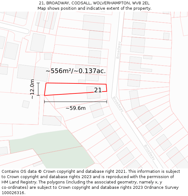 21, BROADWAY, CODSALL, WOLVERHAMPTON, WV8 2EL: Plot and title map