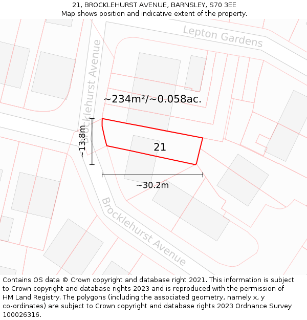21, BROCKLEHURST AVENUE, BARNSLEY, S70 3EE: Plot and title map