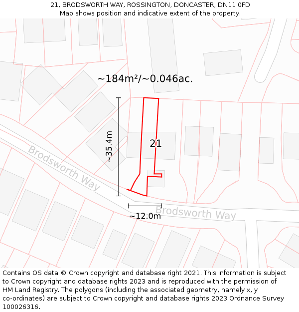 21, BRODSWORTH WAY, ROSSINGTON, DONCASTER, DN11 0FD: Plot and title map