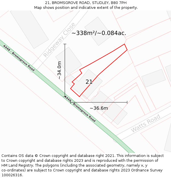 21, BROMSGROVE ROAD, STUDLEY, B80 7PH: Plot and title map
