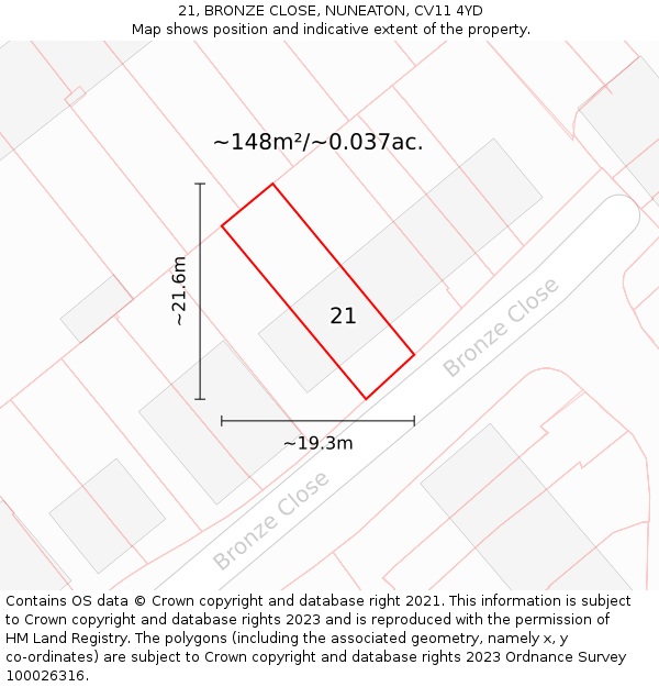21, BRONZE CLOSE, NUNEATON, CV11 4YD: Plot and title map