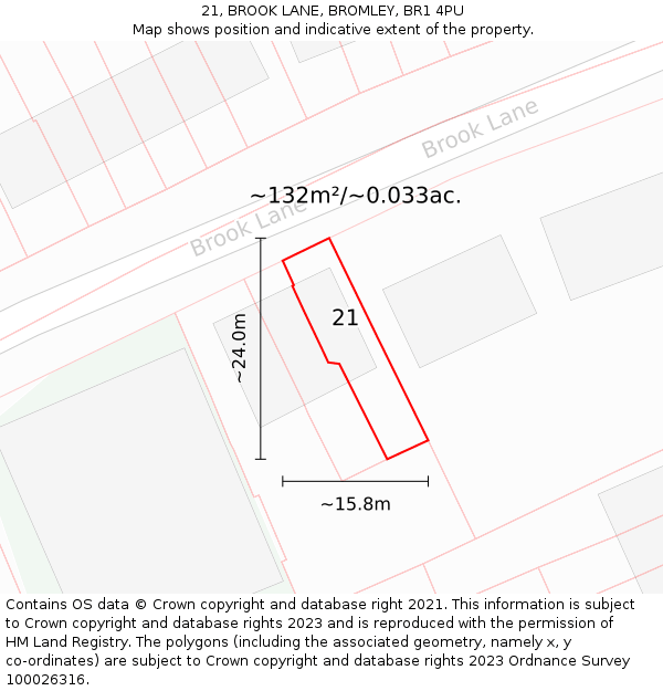 21, BROOK LANE, BROMLEY, BR1 4PU: Plot and title map