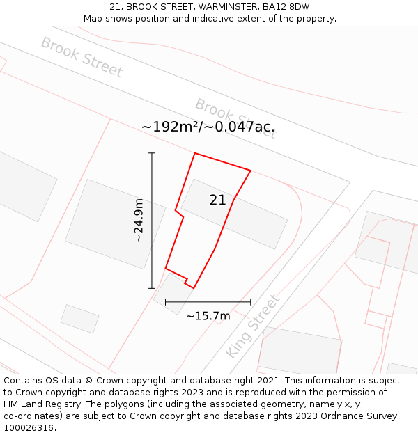 21, BROOK STREET, WARMINSTER, BA12 8DW: Plot and title map
