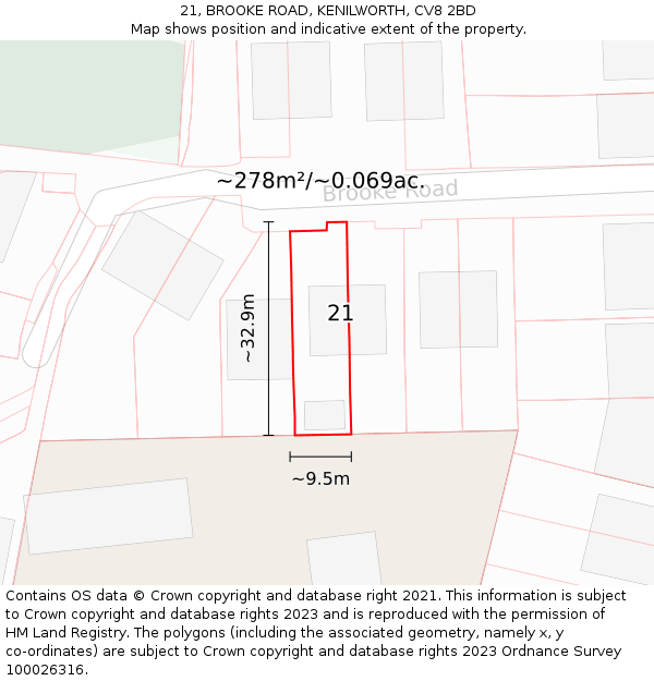 21, BROOKE ROAD, KENILWORTH, CV8 2BD: Plot and title map