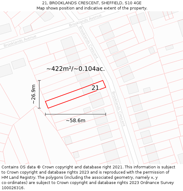21, BROOKLANDS CRESCENT, SHEFFIELD, S10 4GE: Plot and title map
