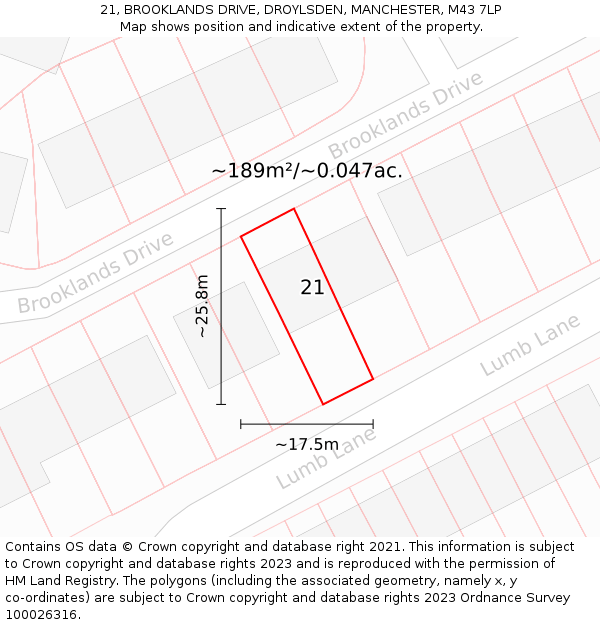21, BROOKLANDS DRIVE, DROYLSDEN, MANCHESTER, M43 7LP: Plot and title map