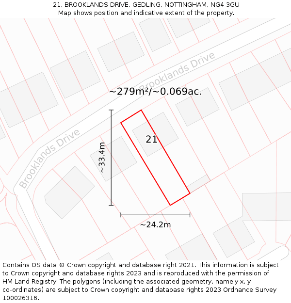 21, BROOKLANDS DRIVE, GEDLING, NOTTINGHAM, NG4 3GU: Plot and title map