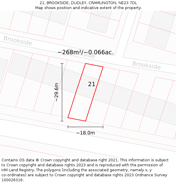 21, BROOKSIDE, DUDLEY, CRAMLINGTON, NE23 7DL: Plot and title map