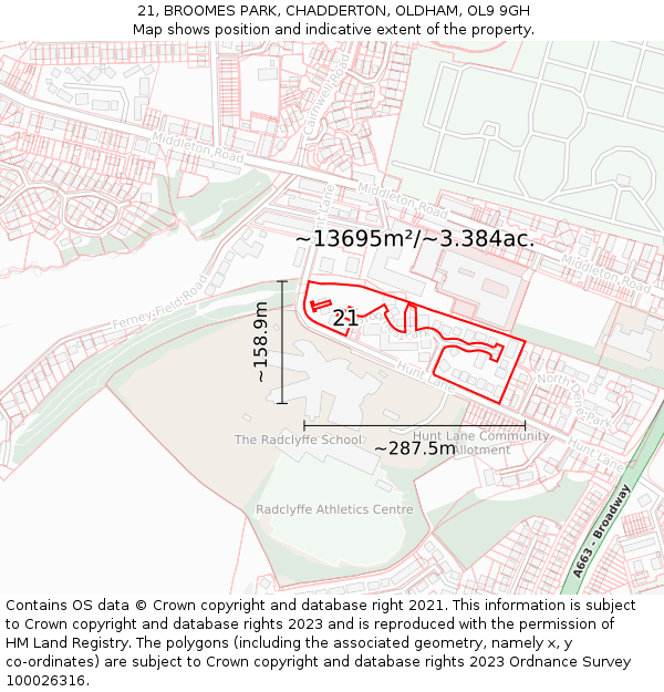 21, BROOMES PARK, CHADDERTON, OLDHAM, OL9 9GH: Plot and title map
