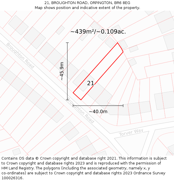21, BROUGHTON ROAD, ORPINGTON, BR6 8EG: Plot and title map