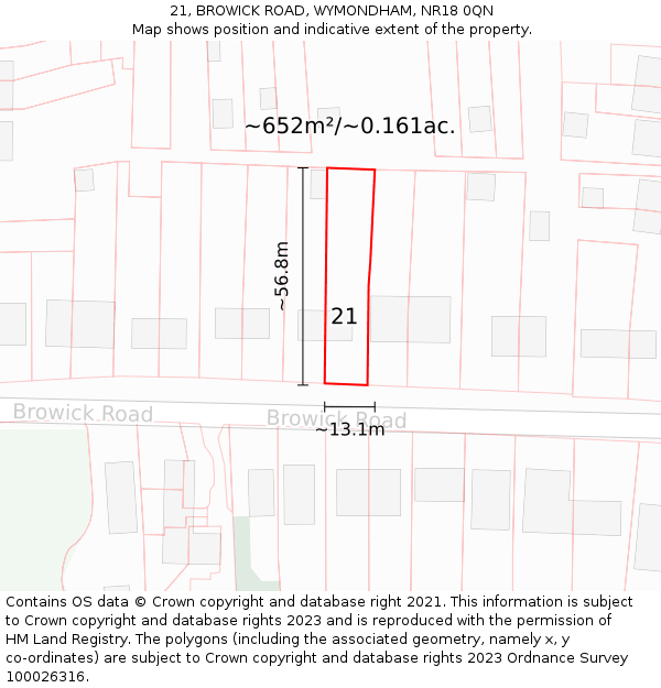 21, BROWICK ROAD, WYMONDHAM, NR18 0QN: Plot and title map