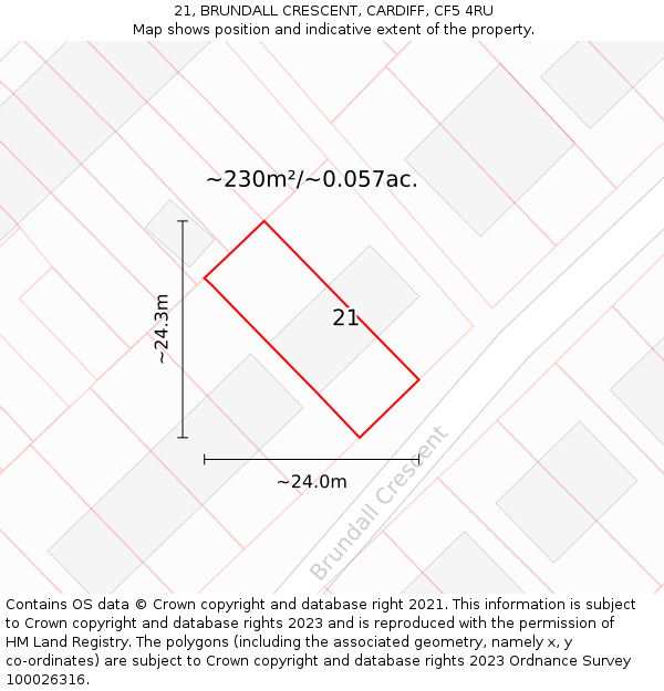 21, BRUNDALL CRESCENT, CARDIFF, CF5 4RU: Plot and title map