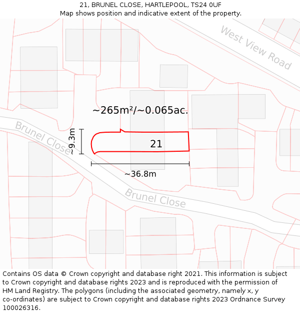 21, BRUNEL CLOSE, HARTLEPOOL, TS24 0UF: Plot and title map