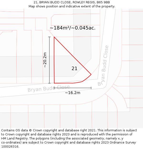 21, BRYAN BUDD CLOSE, ROWLEY REGIS, B65 9BB: Plot and title map