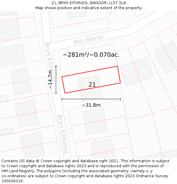 21, BRYN EITHINOG, BANGOR, LL57 2LA: Plot and title map