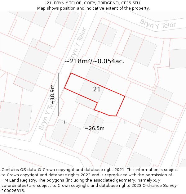 21, BRYN Y TELOR, COITY, BRIDGEND, CF35 6FU: Plot and title map