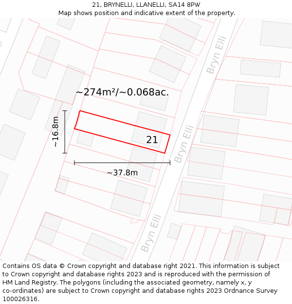 21, BRYNELLI, LLANELLI, SA14 8PW: Plot and title map