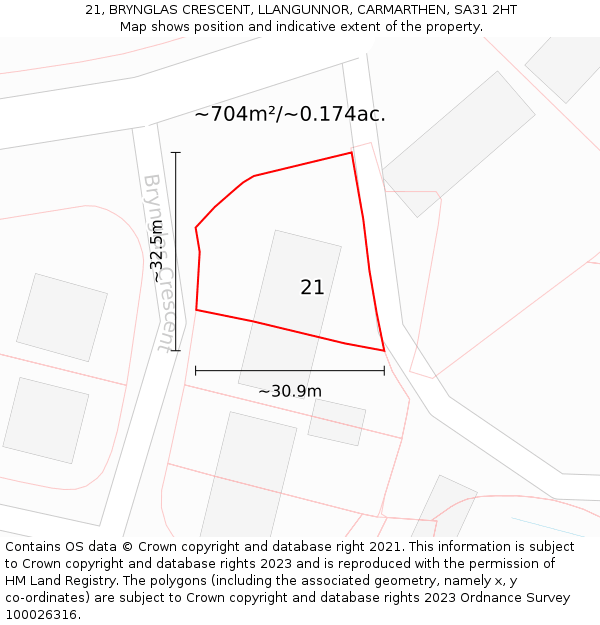 21, BRYNGLAS CRESCENT, LLANGUNNOR, CARMARTHEN, SA31 2HT: Plot and title map