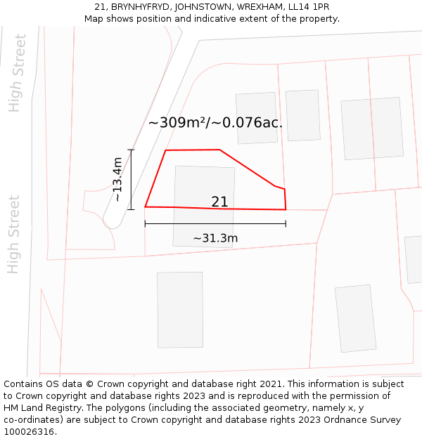 21, BRYNHYFRYD, JOHNSTOWN, WREXHAM, LL14 1PR: Plot and title map
