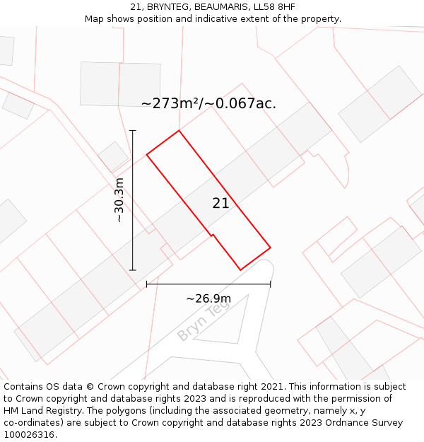 21, BRYNTEG, BEAUMARIS, LL58 8HF: Plot and title map