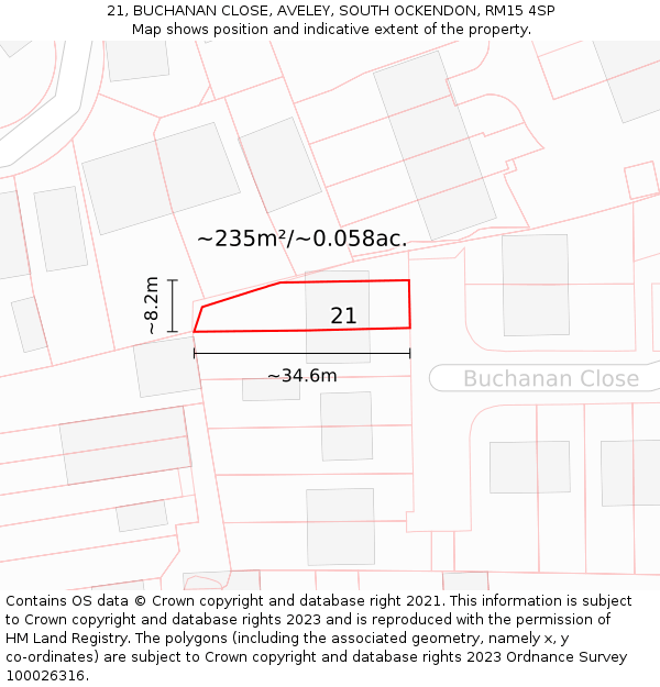 21, BUCHANAN CLOSE, AVELEY, SOUTH OCKENDON, RM15 4SP: Plot and title map
