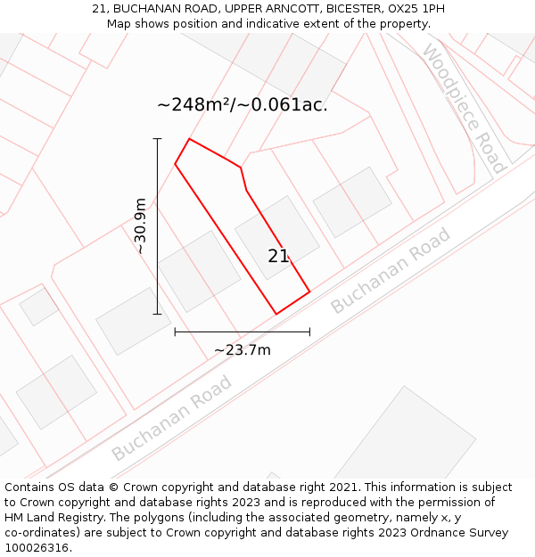 21, BUCHANAN ROAD, UPPER ARNCOTT, BICESTER, OX25 1PH: Plot and title map