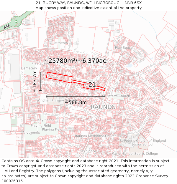 21, BUGBY WAY, RAUNDS, WELLINGBOROUGH, NN9 6SX: Plot and title map