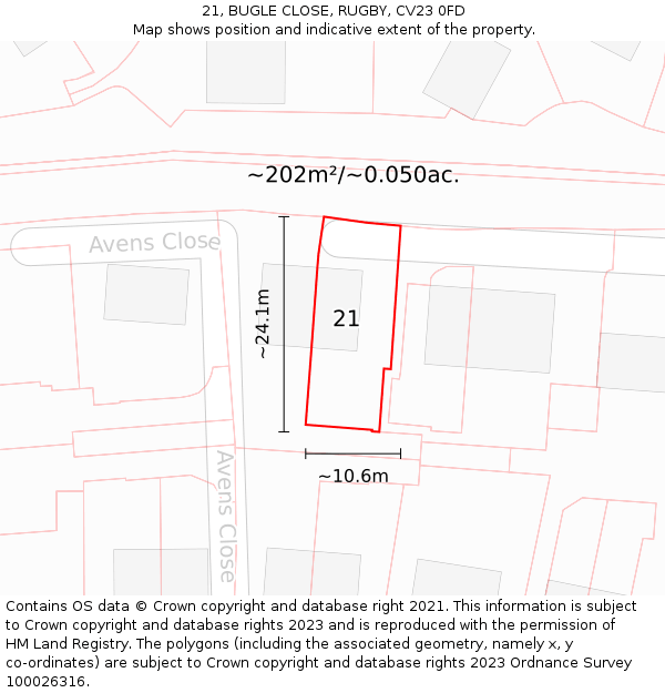 21, BUGLE CLOSE, RUGBY, CV23 0FD: Plot and title map