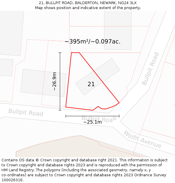 21, BULLPIT ROAD, BALDERTON, NEWARK, NG24 3LX: Plot and title map