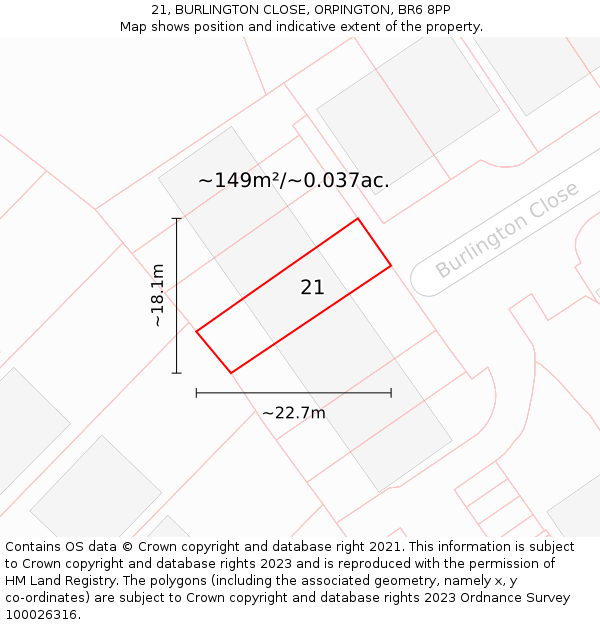 21, BURLINGTON CLOSE, ORPINGTON, BR6 8PP: Plot and title map
