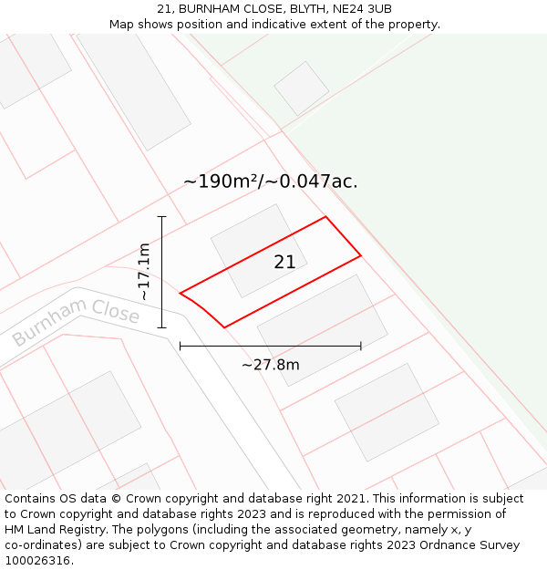 21, BURNHAM CLOSE, BLYTH, NE24 3UB: Plot and title map