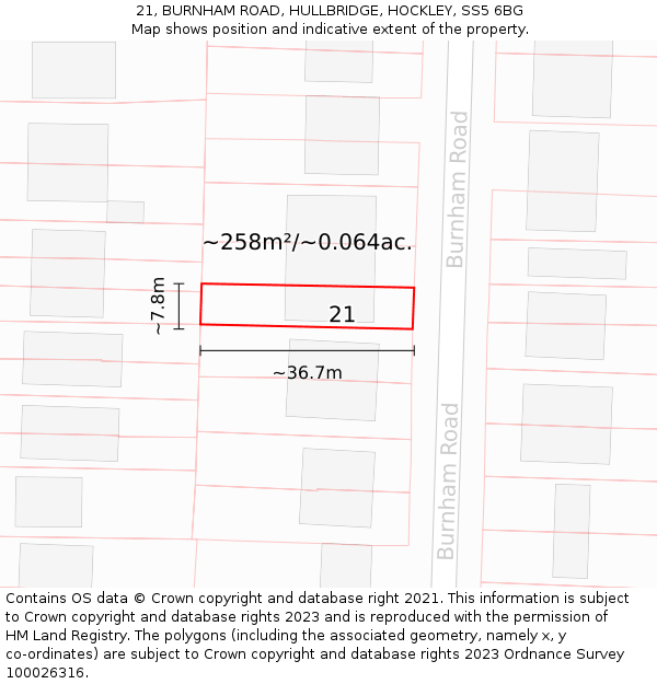 21, BURNHAM ROAD, HULLBRIDGE, HOCKLEY, SS5 6BG: Plot and title map
