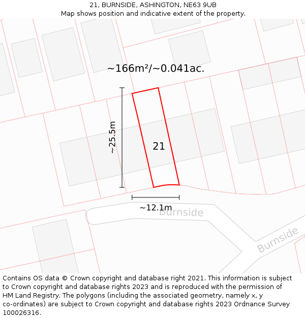 21, BURNSIDE, ASHINGTON, NE63 9UB: Plot and title map