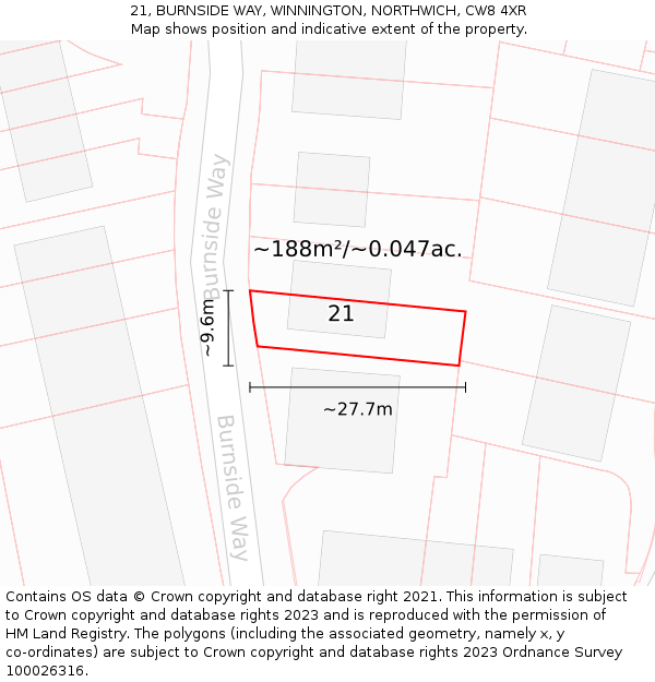 21, BURNSIDE WAY, WINNINGTON, NORTHWICH, CW8 4XR: Plot and title map