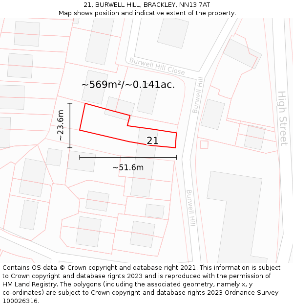 21, BURWELL HILL, BRACKLEY, NN13 7AT: Plot and title map