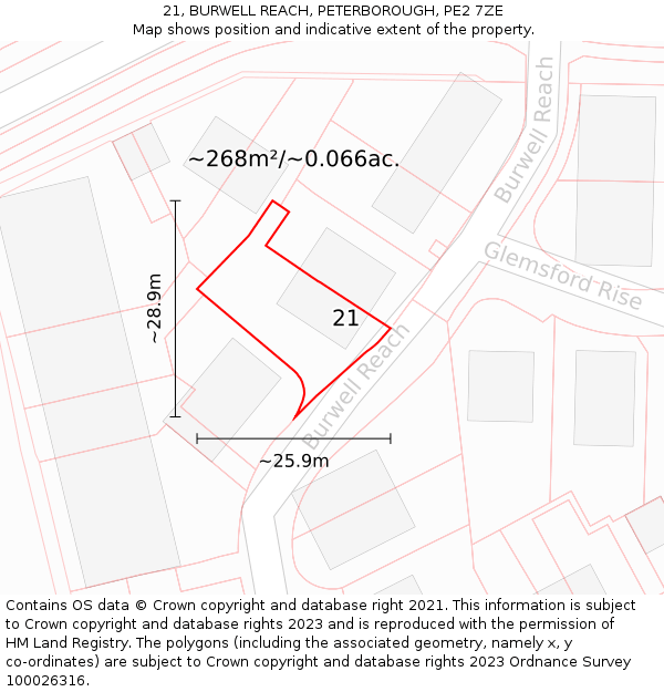 21, BURWELL REACH, PETERBOROUGH, PE2 7ZE: Plot and title map