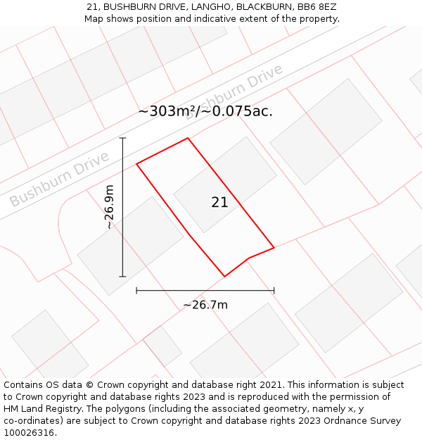21, BUSHBURN DRIVE, LANGHO, BLACKBURN, BB6 8EZ: Plot and title map