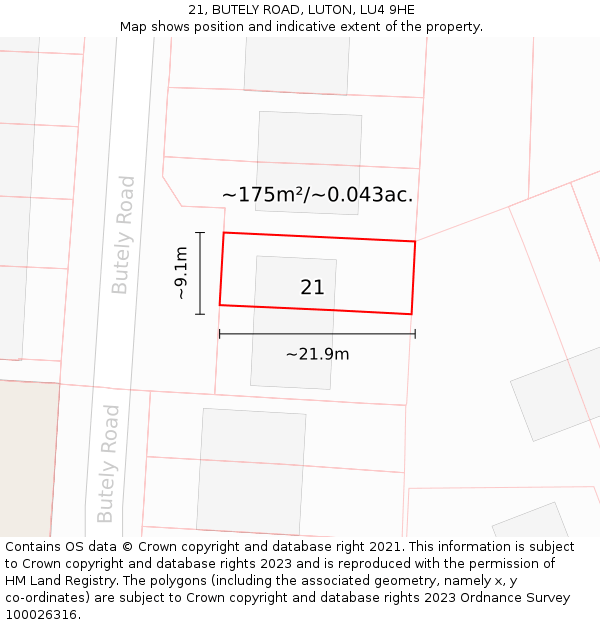 21, BUTELY ROAD, LUTON, LU4 9HE: Plot and title map