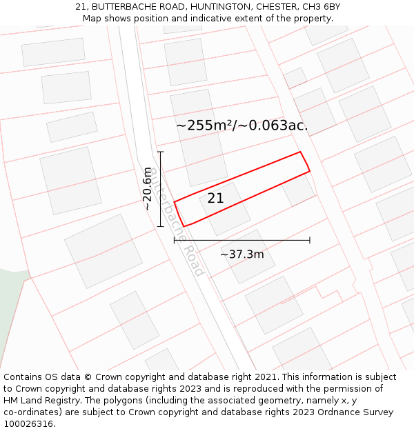 21, BUTTERBACHE ROAD, HUNTINGTON, CHESTER, CH3 6BY: Plot and title map