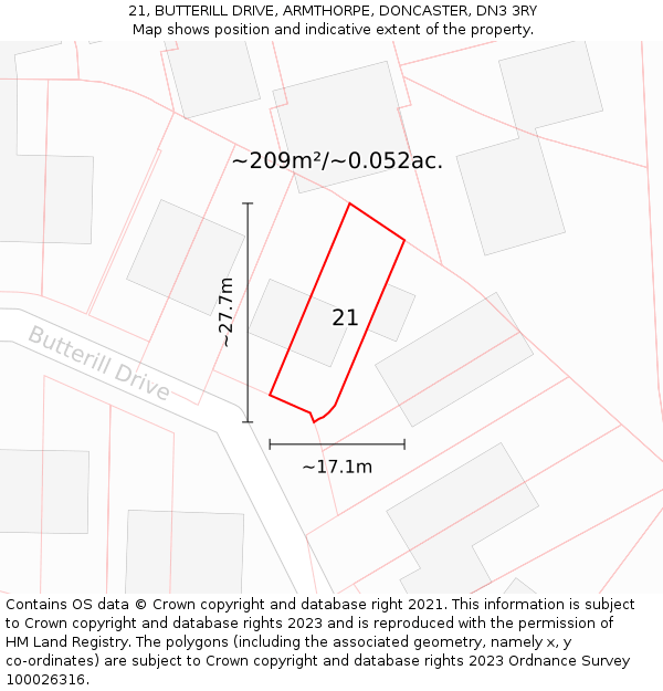 21, BUTTERILL DRIVE, ARMTHORPE, DONCASTER, DN3 3RY: Plot and title map