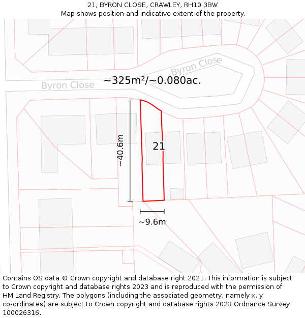 21, BYRON CLOSE, CRAWLEY, RH10 3BW: Plot and title map