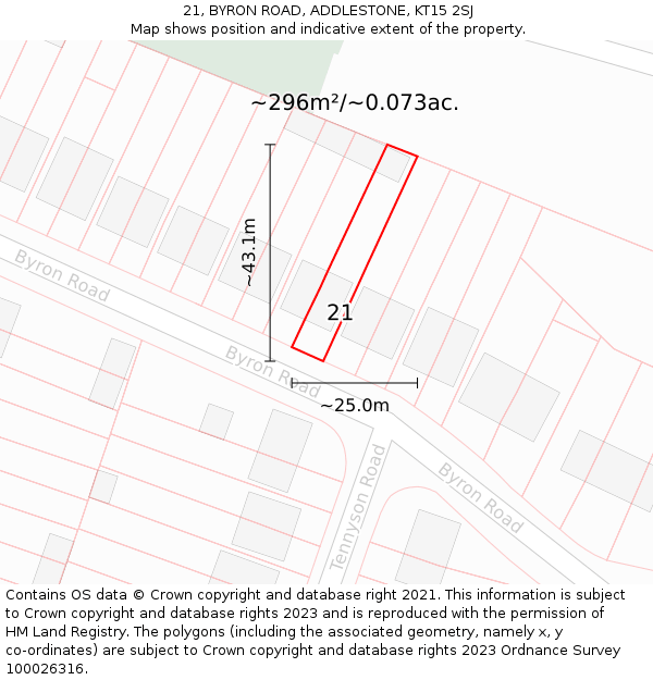 21, BYRON ROAD, ADDLESTONE, KT15 2SJ: Plot and title map