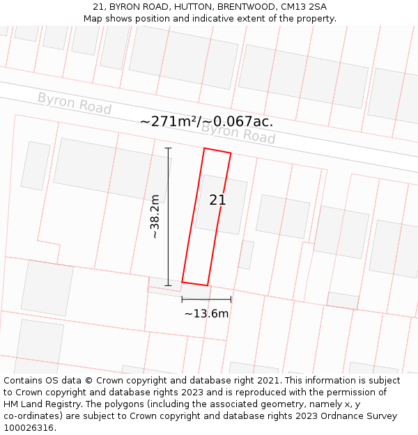 21, BYRON ROAD, HUTTON, BRENTWOOD, CM13 2SA: Plot and title map