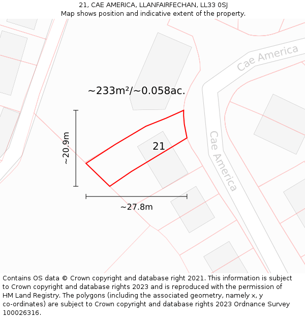 21, CAE AMERICA, LLANFAIRFECHAN, LL33 0SJ: Plot and title map