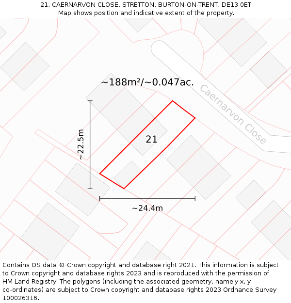 21, CAERNARVON CLOSE, STRETTON, BURTON-ON-TRENT, DE13 0ET: Plot and title map