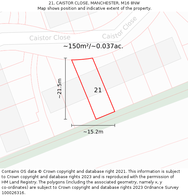 21, CAISTOR CLOSE, MANCHESTER, M16 8NW: Plot and title map