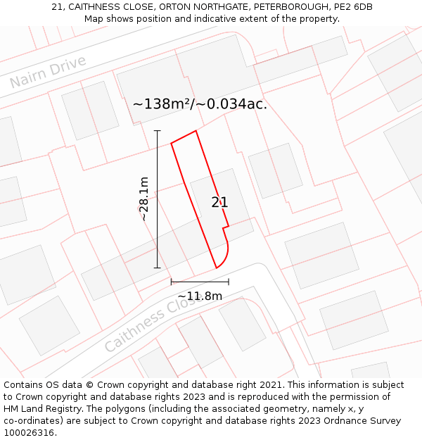 21, CAITHNESS CLOSE, ORTON NORTHGATE, PETERBOROUGH, PE2 6DB: Plot and title map